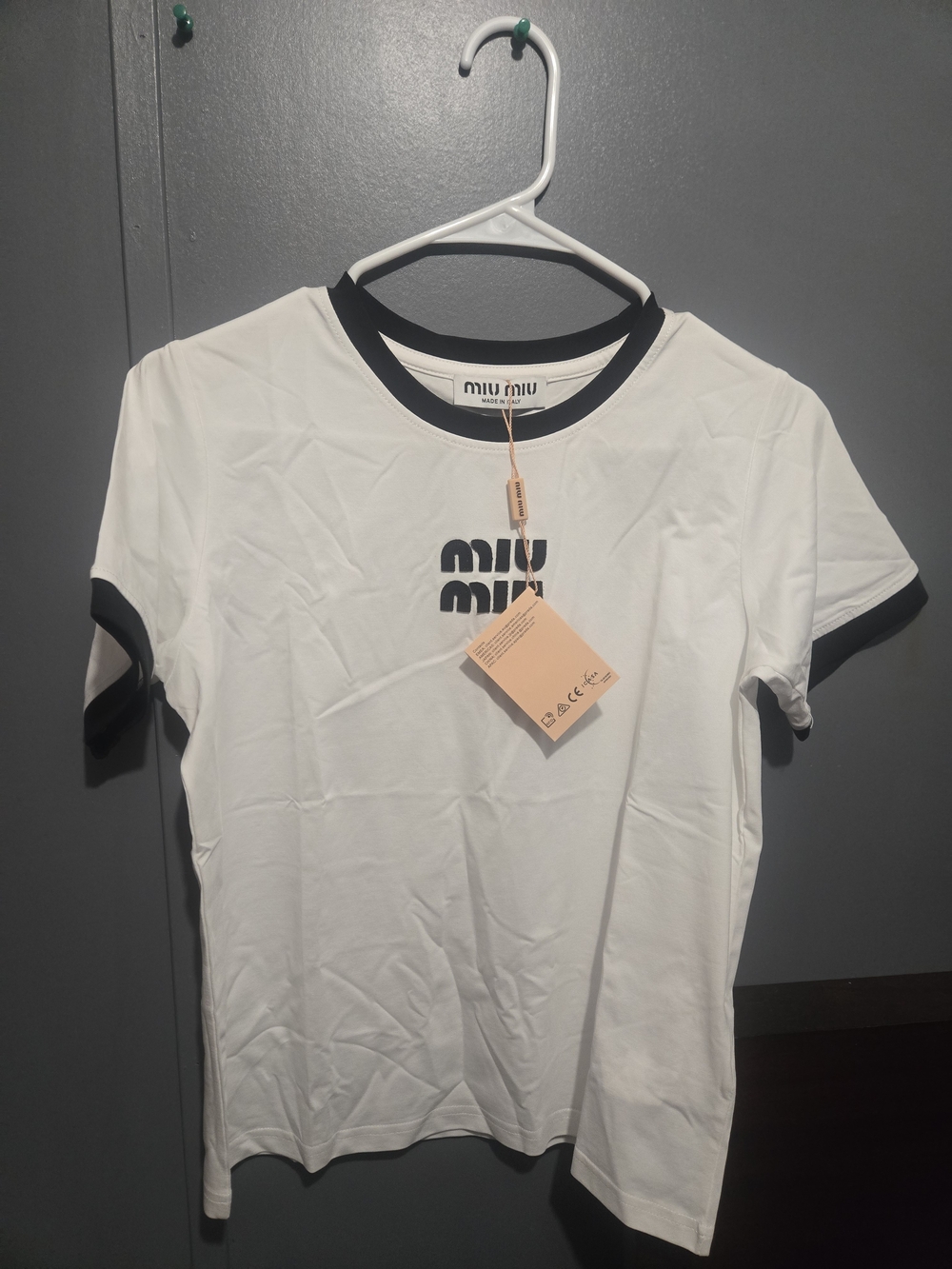 Miu Miu White Short-Sleeve Ringer Tee with Black Trim Size M